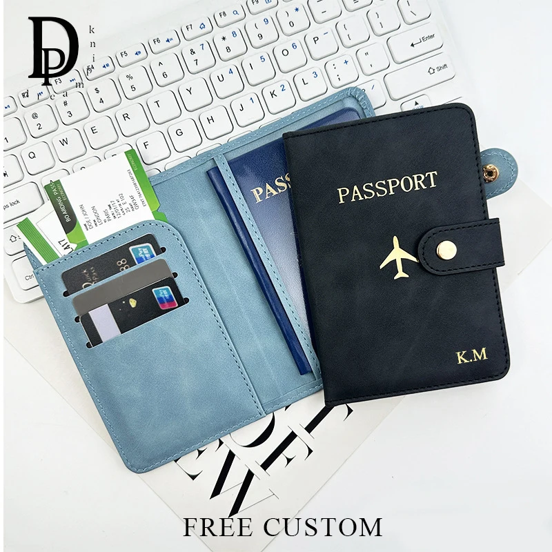 

Custom Letters Travel Passport Wallet Multifunction Gold Airplane PU Leather Passport Cover Engraving Woman Man Luxury Card Bag