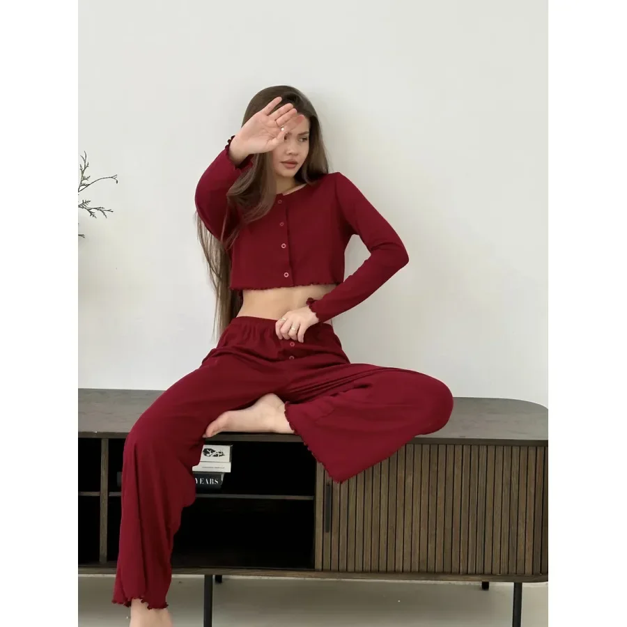 

Female Knitted Pajamas 2PCS Set Sleepwear Spring Summer Cotton Trouser Pijamas Suit Simple Cotton Loungewear Loose Home Clothes