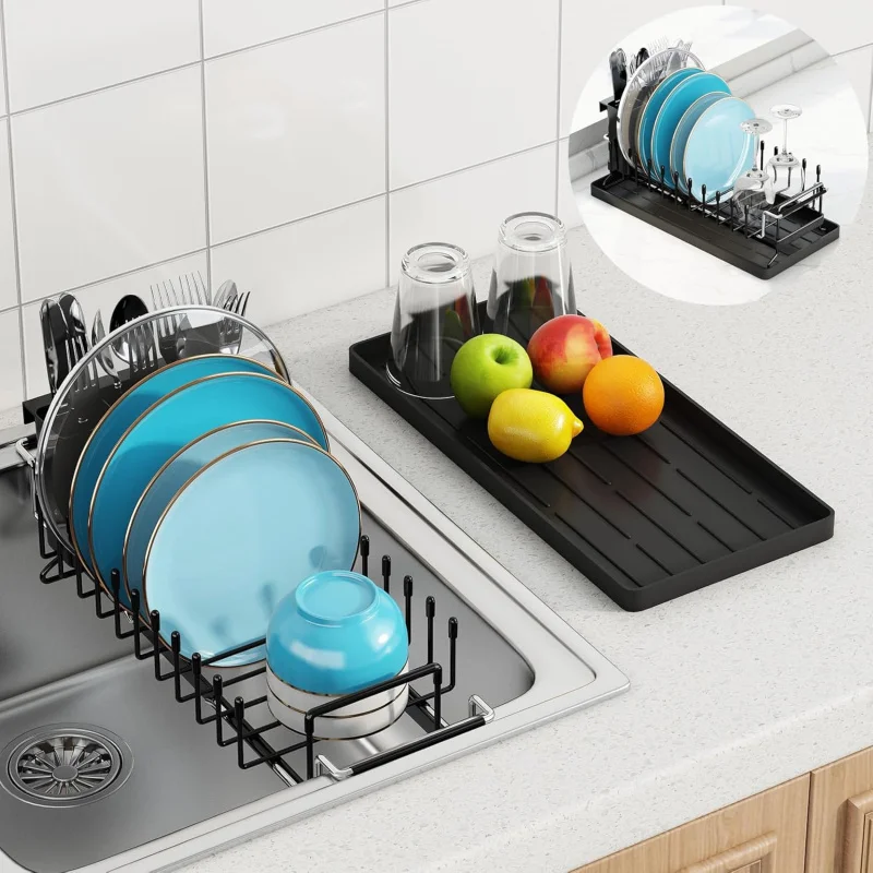 

ANTOPY Sink - Expandable Small Rack Over Sinks with Silicone Drying Tray, Dish Drainer for Kitchen Counter