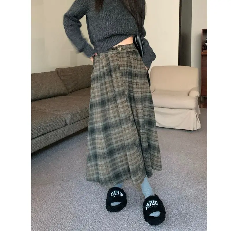 Deeptown Vintage Plaid Skirt Women Elegant Pleated Korean Style Long Skirts High Waist Autumn Winter A-line Skirts Aesthetics