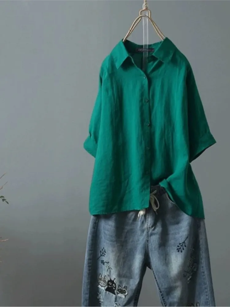 여성용 캐주얼 화이트 셔츠 탑, 패션 반팔 턴다운 칼라 버튼 셔츠 탑, 여성 여름 오피스룩 신상품