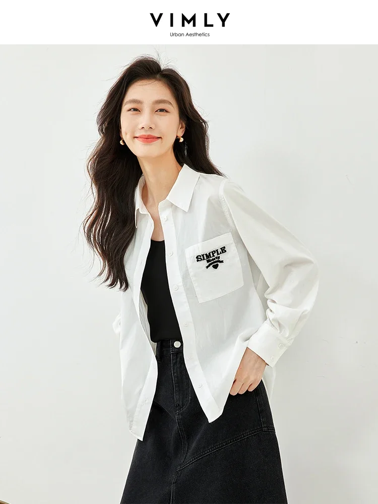 

Vimly Women's 100% Cotton White Overshirt Long Sleeve Button Up Shirts & Blouses 2023 Autumn Mid-length Female Shacket M2837