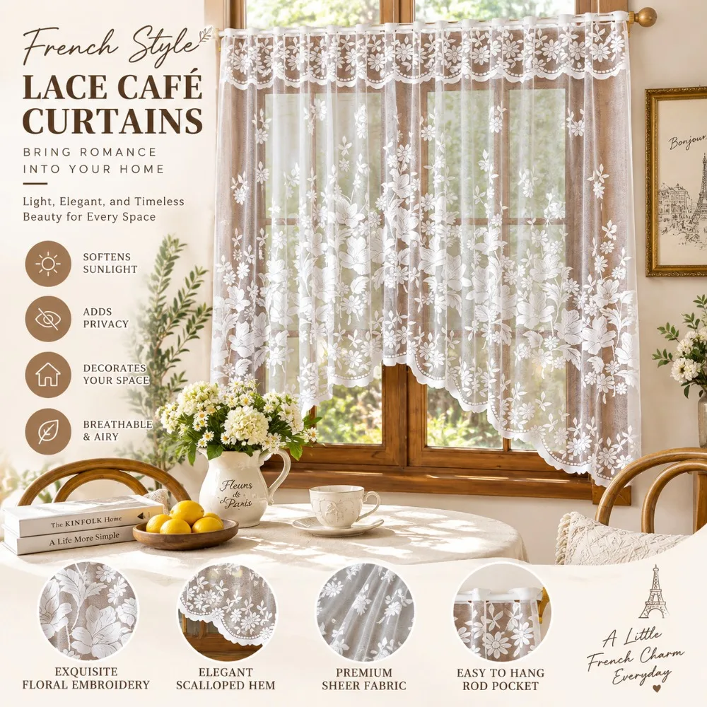 Romantic Flower Embroidered Sheer Curtain Light Filtering Privacy Embroidered Curtain Triangle Design Short Curtain Living Room