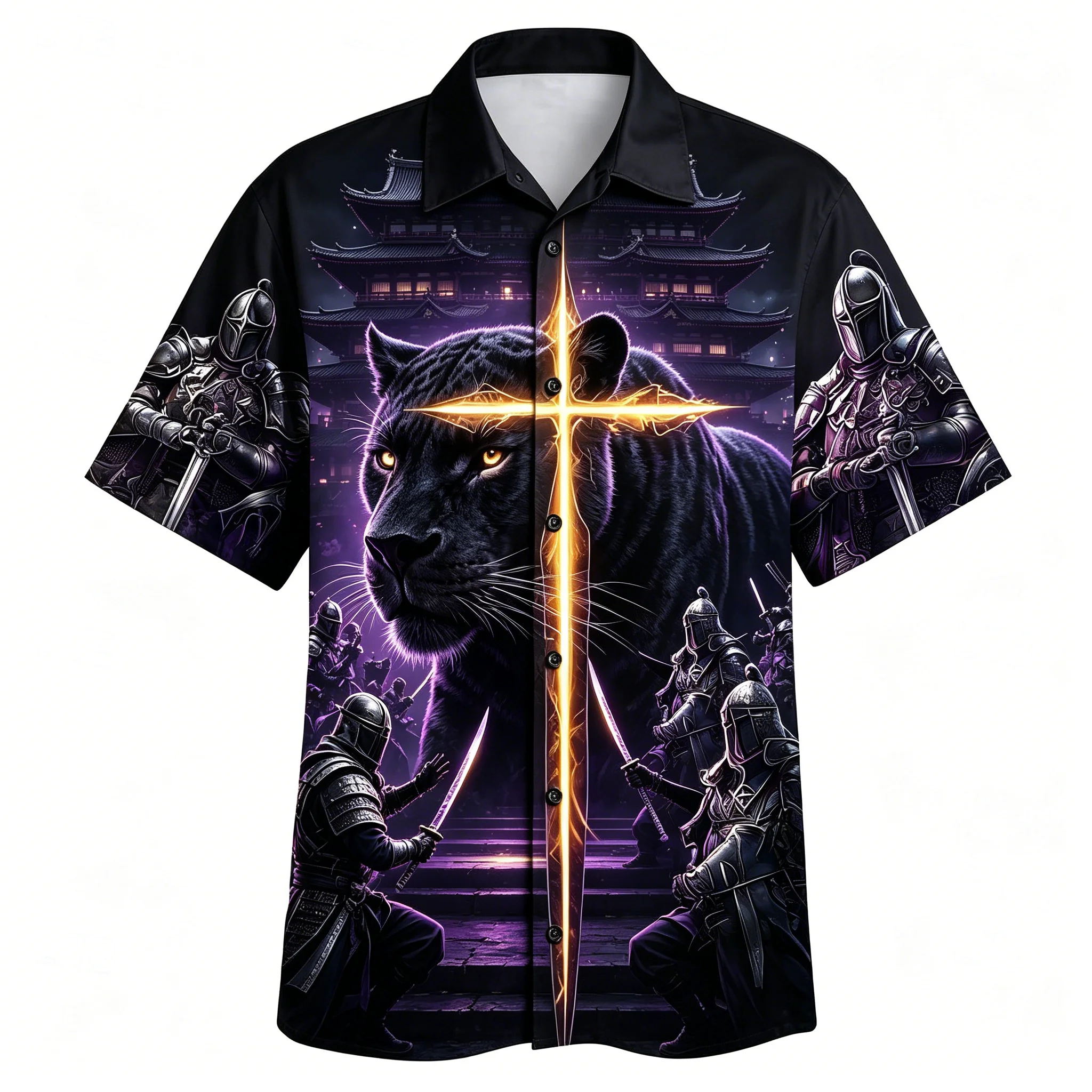 

Men's Samurai Panther Cross Sword Print Short Sleeve Shirt Japanese Temple Graphic Casual Cuban Collar Top for Spring & Summer