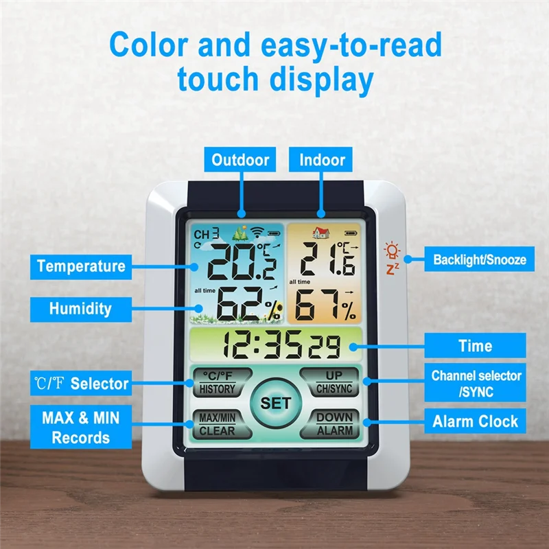 T88C Wireless Temperature Humidity Sensor LCD Digital Screen Temperature Sensor with Clock Function for Home Indoor Outdoor