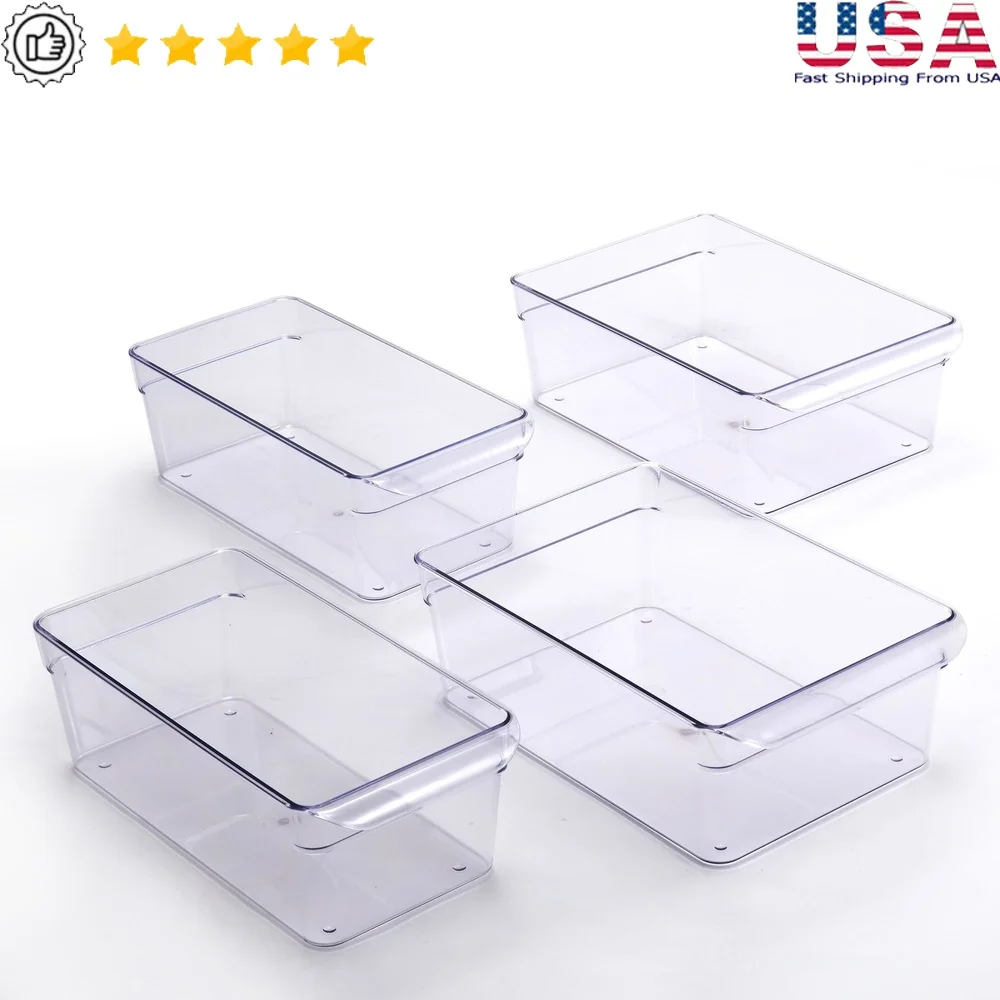 

Clear Plastic Fridge Organization Bin Set Stackable Storage Container 4-Pack Easy Carry Ideal Pantry Refrigerator Freezer