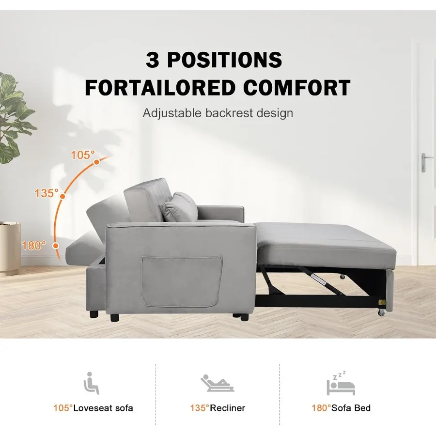 55.51 أريكة سرير قابلة للتحويل 3 في 1 أريكة نوم مع أريكة مخملية قابلة للسحب مع مسند ظهر قابل للتعديل وجيب جانبي 2 وسائد Mod