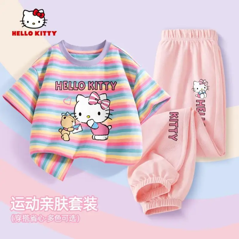 

Sanrio Girls Short Sleeve 2Pcs Hello Kittys Children's Fashionable Mosquito Repellent Pants New Style Fashionable Cute T-Shirt