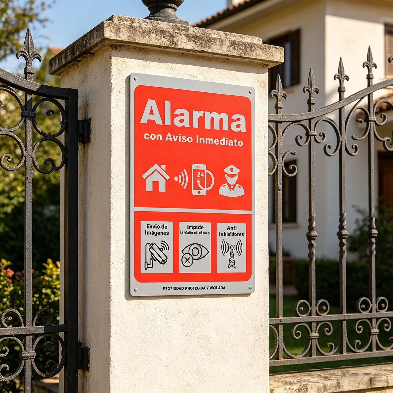 Instant Alert Alarm Sign -  Iron Wall Decor, Red with White Icons, Anti-Intrusion Vision, Anti-Inhibitors, 24/7 Protection