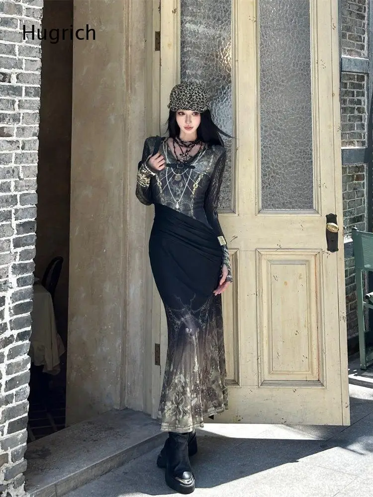 Women Vintage Baroque Print Long Sleeve V Neck Mermaid Maxi Dress Ruched Waist Slim Bodycon Floor Length Dress