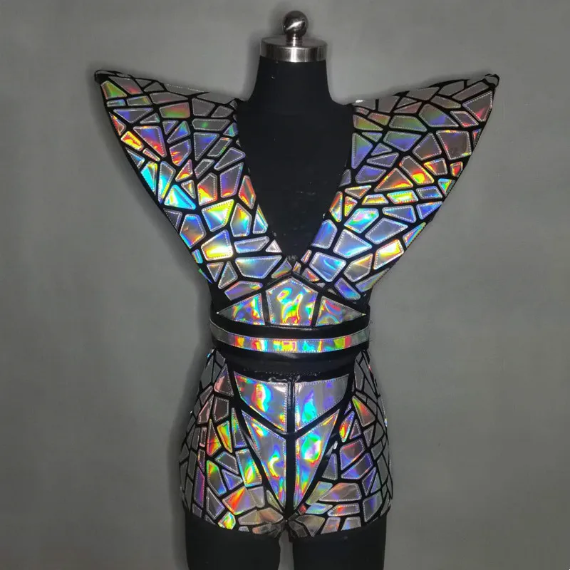 Silver Laser Mirror Fly Shoulder Vest High Waist Shorts Shiny Reflective Dance Clothes Drag Queen Costume Bar Singer Performance