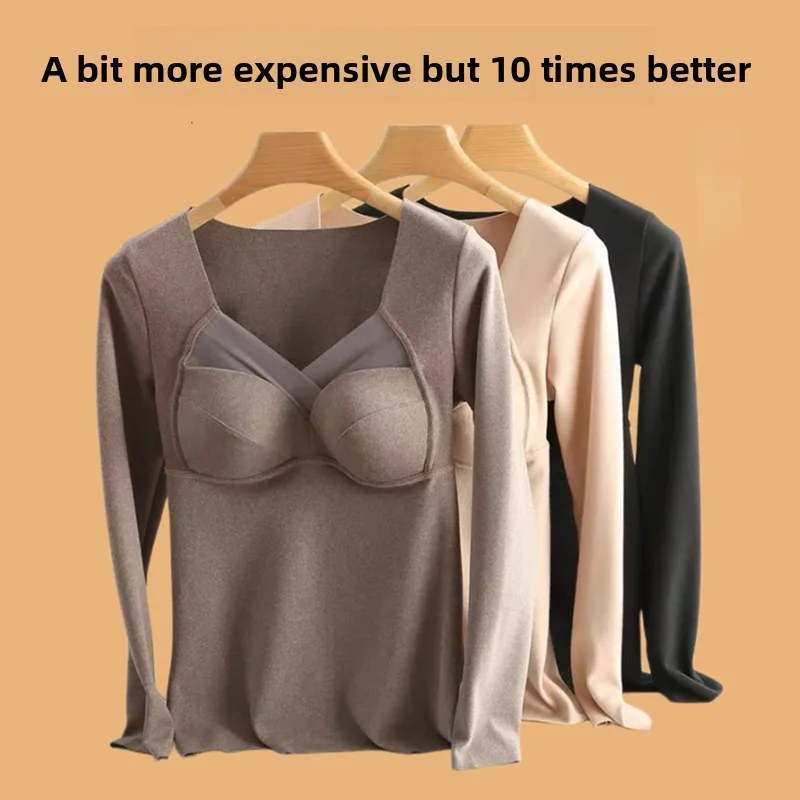 Thickened Thermal V-Neck Base Shirt Women's Inner Wear Fleece Lined Seamless Autumn Winter Top Close-Fitting Underwear
