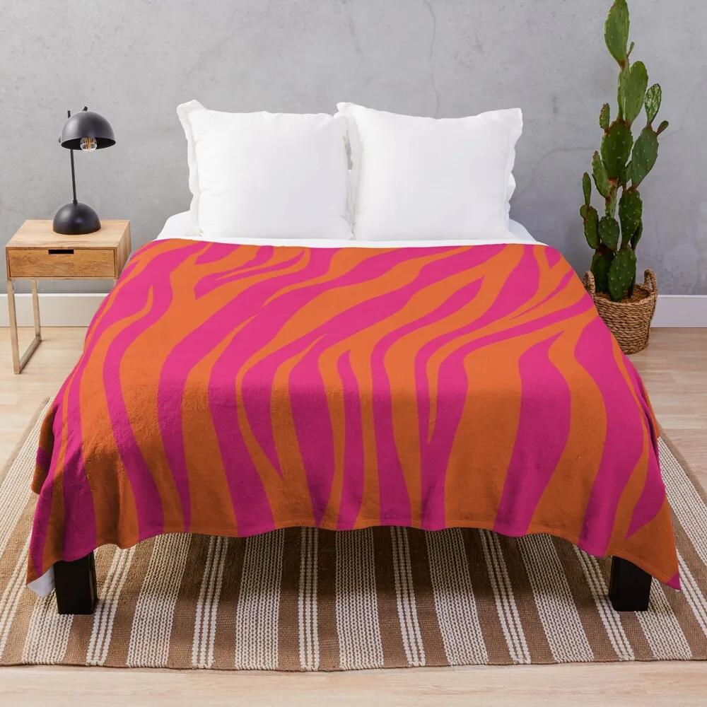 Zebra skin texture Orange Pop and Hot Neon Pink Throw Blanket Cute Plaid Decorative Sofa Furrys Blankets