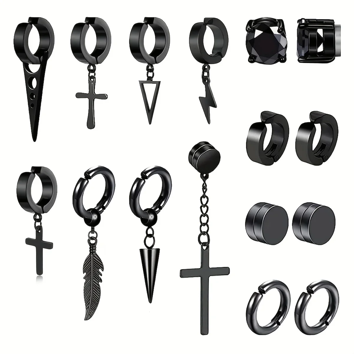 16pcs/set Punk Stainless Steel Cross Cone Pendant Ear Clip, Magnetic Stud Earrings, Men's Daily Ear Jewelry