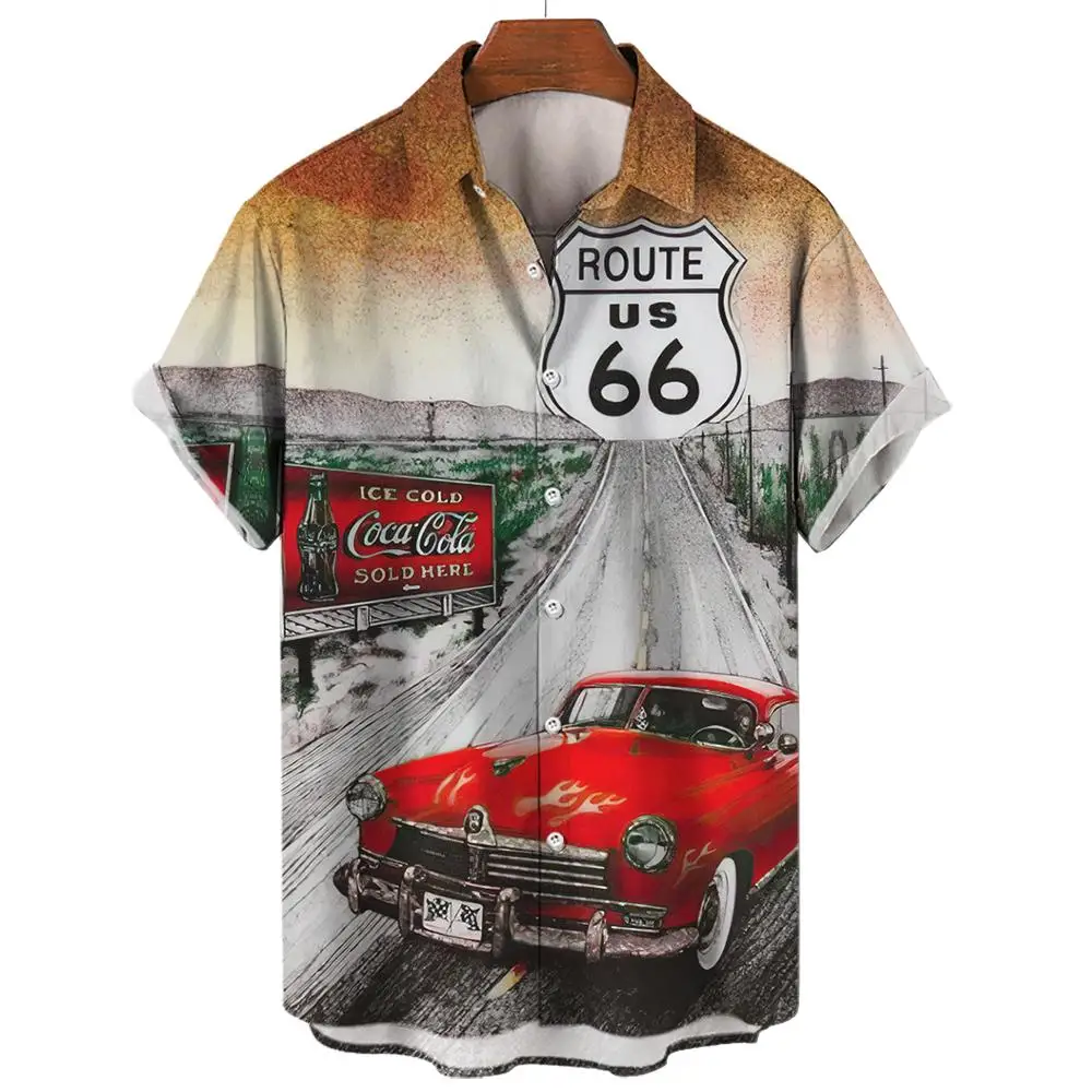 Vintage Men\'s Shirts Route 66 Classic Cars Tees 3d Print Short Sleeve Top Summer Clothes Route 66 Pattern Blouse Oversized Shirt