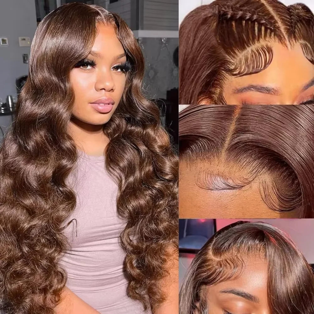 

#4 Chocolate Brown Body Wave Lace Frontal Human Hair Wig #4 Colored Lace Frontal Human Hair Wigs 46 Inches For Black Women