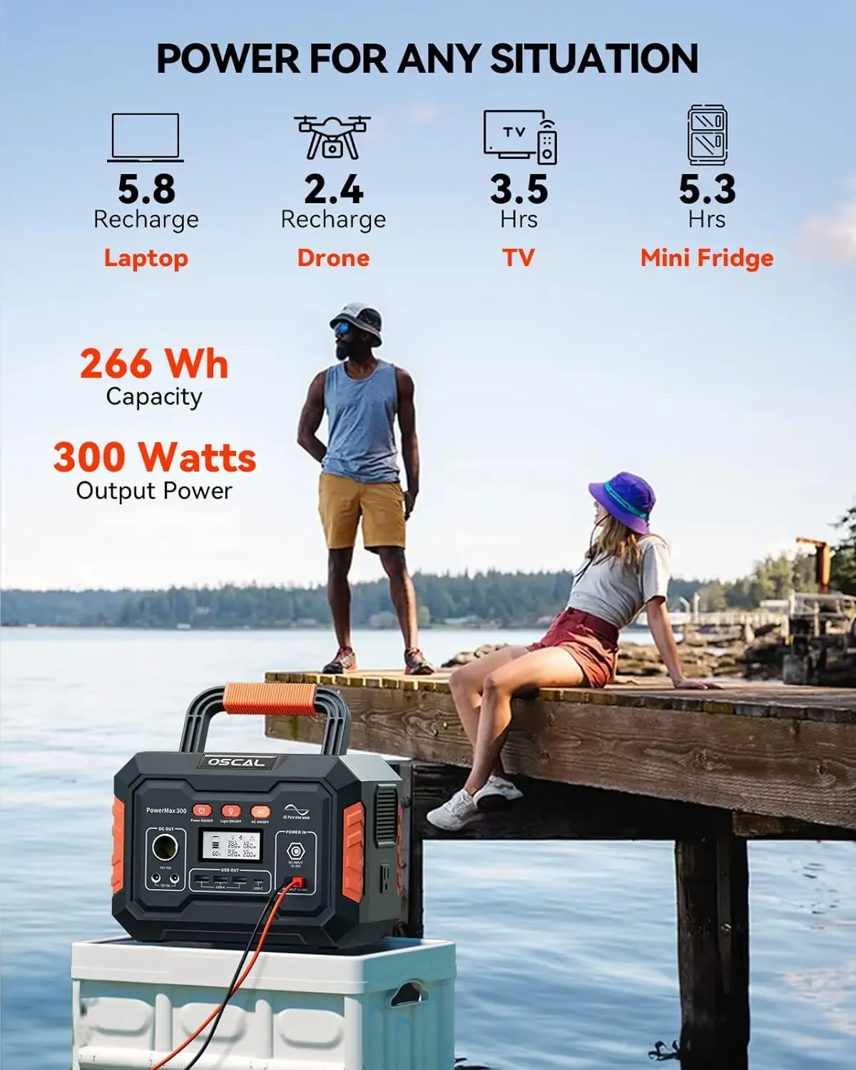 OSCAL Portable Power Station 300W (Peak 600W), เครื่องกําเนิดไฟฟ้าพลังงานแสงอาทิตย์พร้อมเอาต์พุต PD 60W, ช่องชาร์จ 8 ช่องพร้อมไฟ LED, 110V/266W