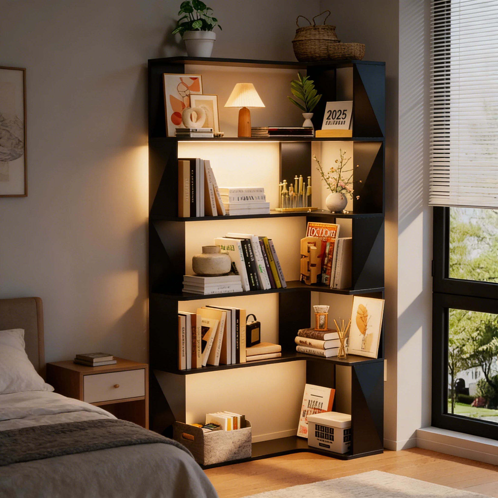 Wood Bookshelf Study Home 5-layer Corner Bookshelf Storage Movable Light Multifunctional Open Shelf Living Room Furniture