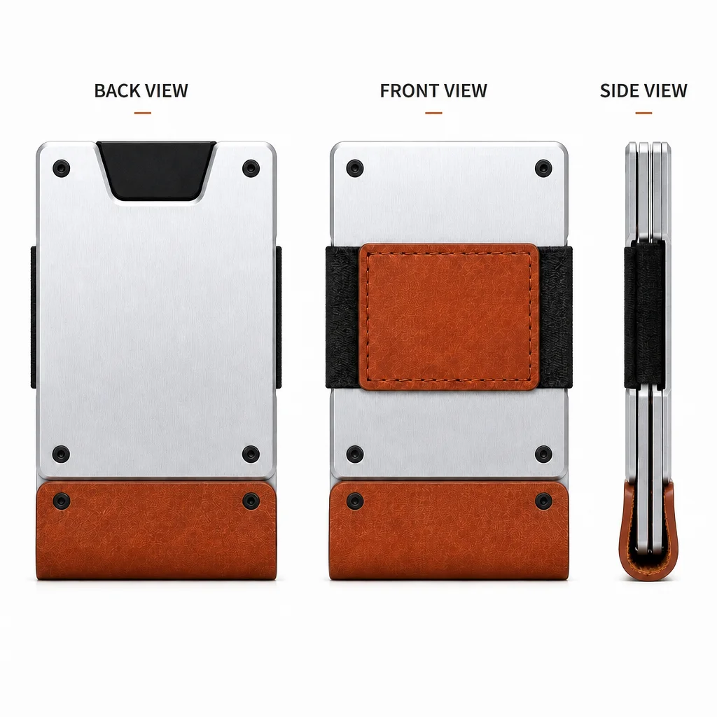 Slim Aluminum Metal RFID Blocking Wallet for Men, Minimalist Credit Card Holder with Leather Cash Strap, Ultra-Thin Front Pocket
