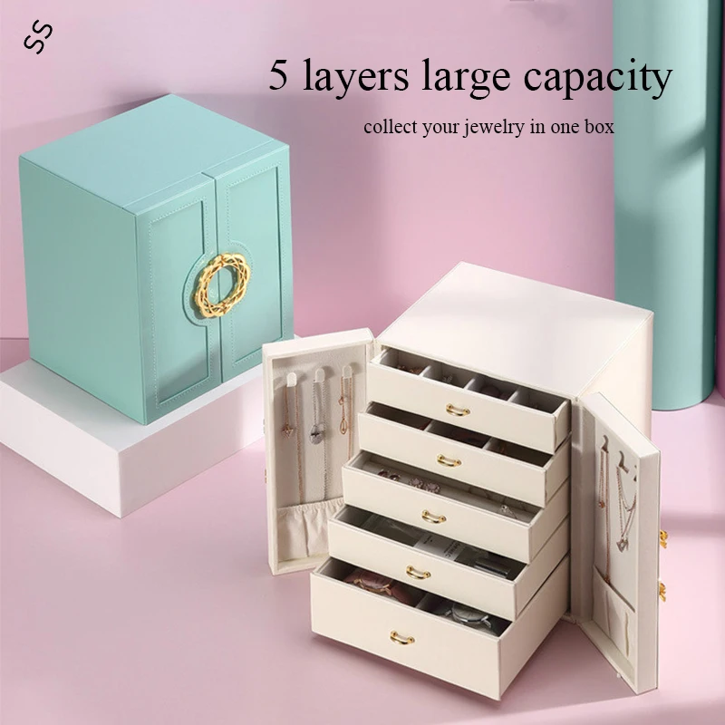 

Luxury Jewelry Box Multi-layer Large Capacity EU Leather Brooch Earring Necklace Rings Storage Carrying Cases with Flannel Inner