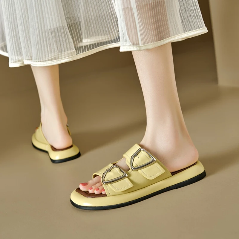 NEW Summer Women Slippers Split Leather Shoes for Women Square Toe Low Heel Women Sandals Casual Open Toe Metal Buckle Slippers