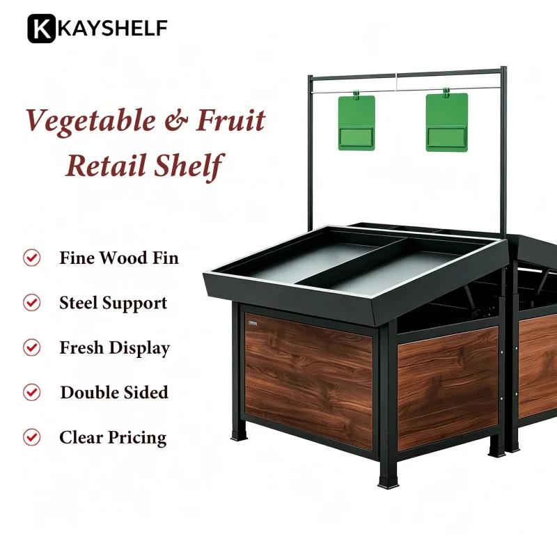 custom.Robust Commercial Wood Metal Vegetable & Fruit Shelves Double Sided Produce Display Stand Supermarket