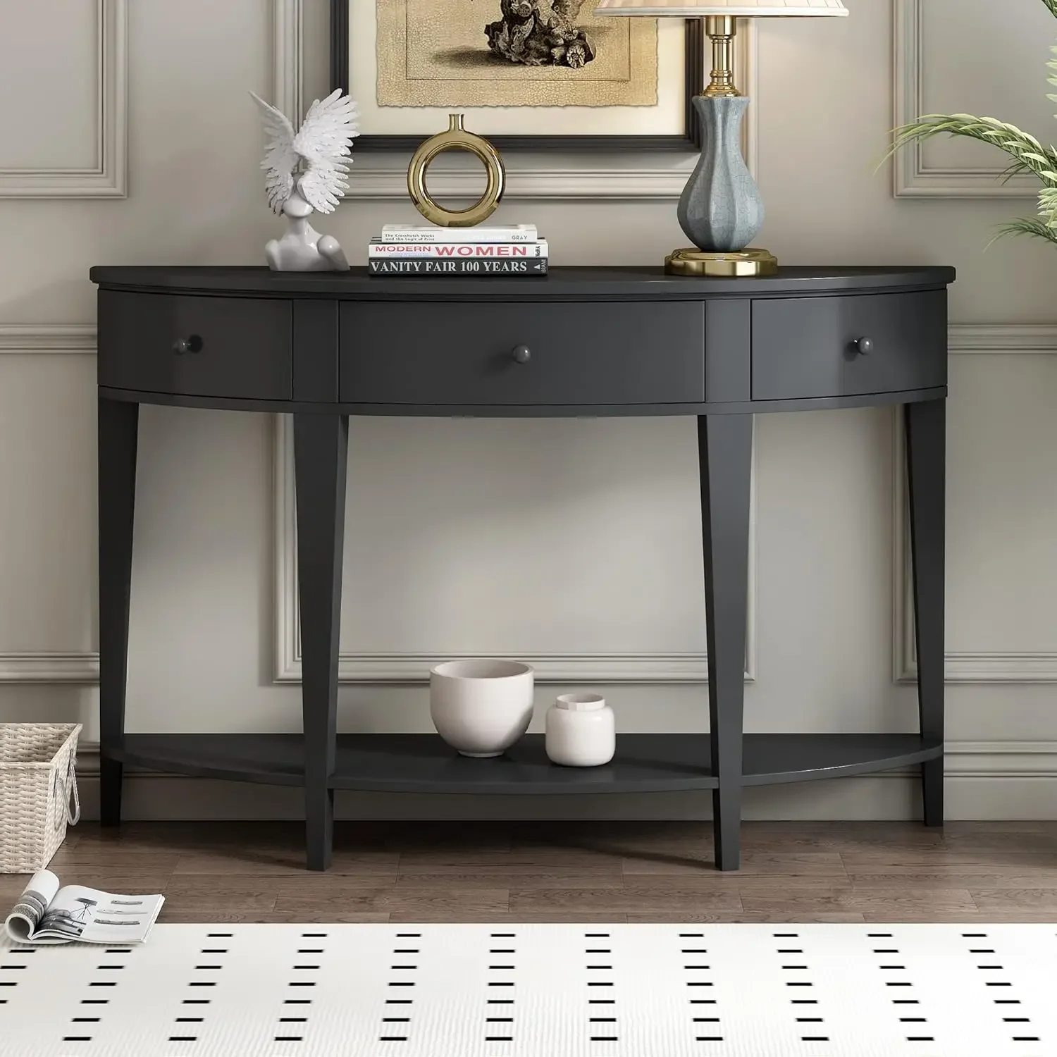 3 Drawers Console Table for Hallway, Modern Curved Console Table with Storage Shelf for Entryway, Living Room,Easy Assembly