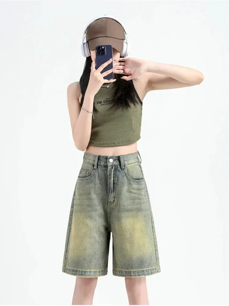 Women's Retro Sweet Cool Style High Waisted Denim Shorts, New Summer Korean Fashion Casual Versatile Women Street Wide Leg Pants