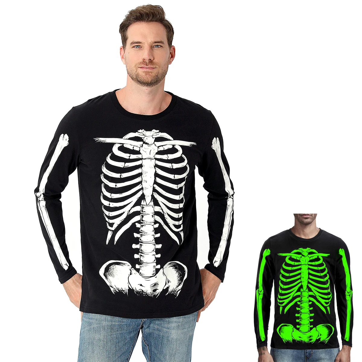 Disfraz de esqueleto para hombre que brilla en la oscuridad, camisa del Día de los muertos de Halloween, ropa de Cosplay para fiesta de Carnaval, trajes de espectáculo escénico