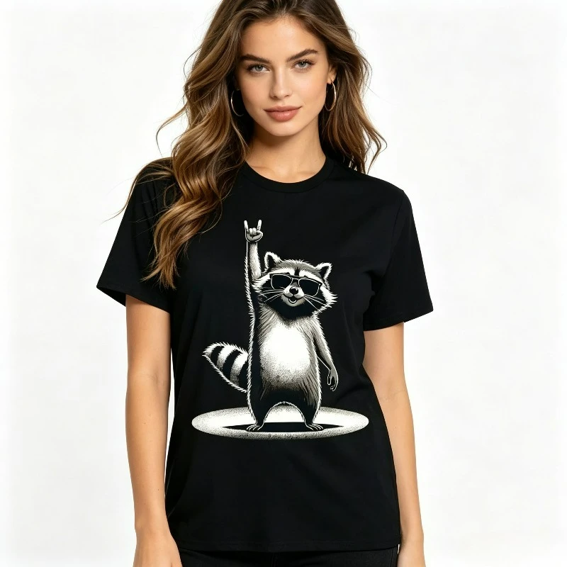 Women's Funny Raccoon T-shirt, Cool Rocker Graphic Tee, Black and White Options