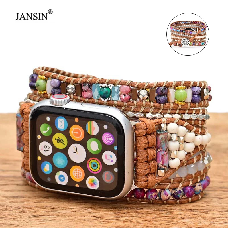 Natural Beaded Bracelet For Apple Watch 38mm 42mm 40mm 44mm Women Boho Style Jewelry Bracelet for iWatch 7 Se 6 5 4 45mm 41mm