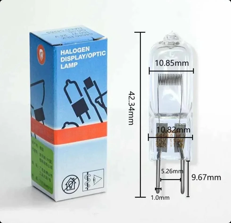 

Подходит для галогенной лампы OSRAM HLX64640 24V150W G6.35 FCS, хирургической проекционной лампы HLX 64640 24V150W, капсульной вольфрамовой лампы для проектора.