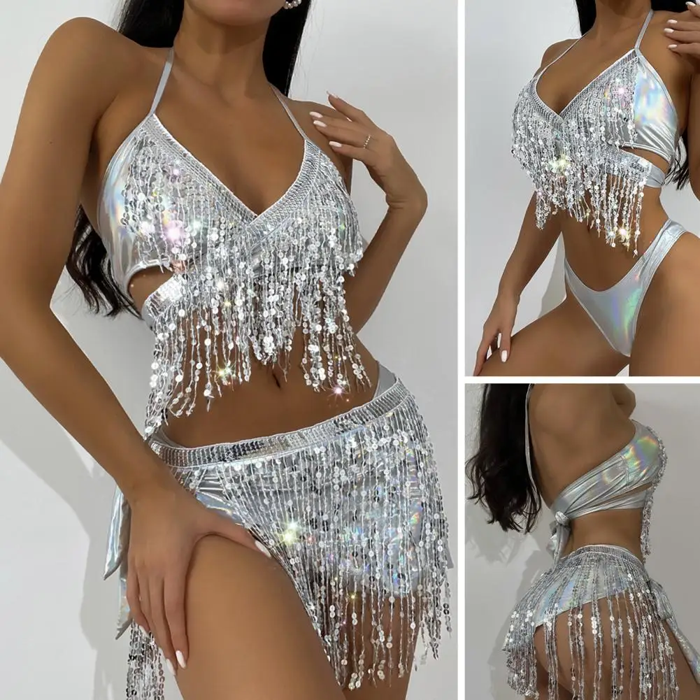 

3Pcs/Set Women Sexy Bikini Set Halter Tassel Bra High Waist Briefs Sequins Tassel Wrap Skirt Set Hawaii Swimwear Bathing Suit