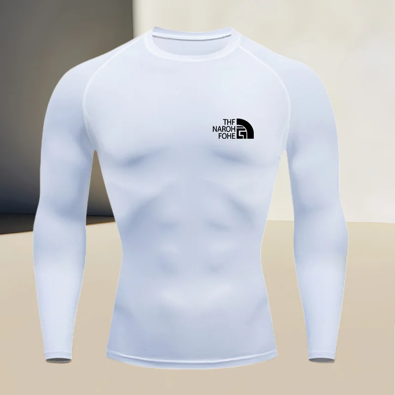 Men's round neck long sleeved muscle fitting fitness tight fitting shirt, suitable for bodybuilding and sports exercise
