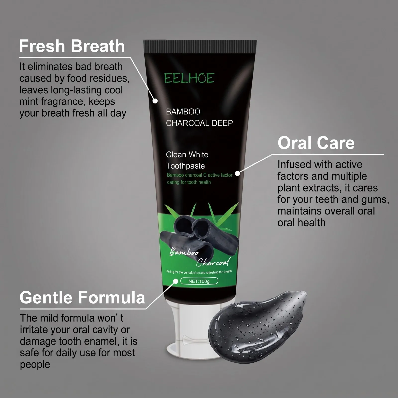 Bamboo Charcoal Brightening Toothpaste Gentle Surface Stain Removal Fresh Breath Daily Oral Care Mint 100g