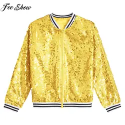 6-16Y Kids Girls Hip Hop Jazz Street Dance Cheerleading Performance Outerwear Long Sleeve Zipper Sequin Jacket Baseball Coat