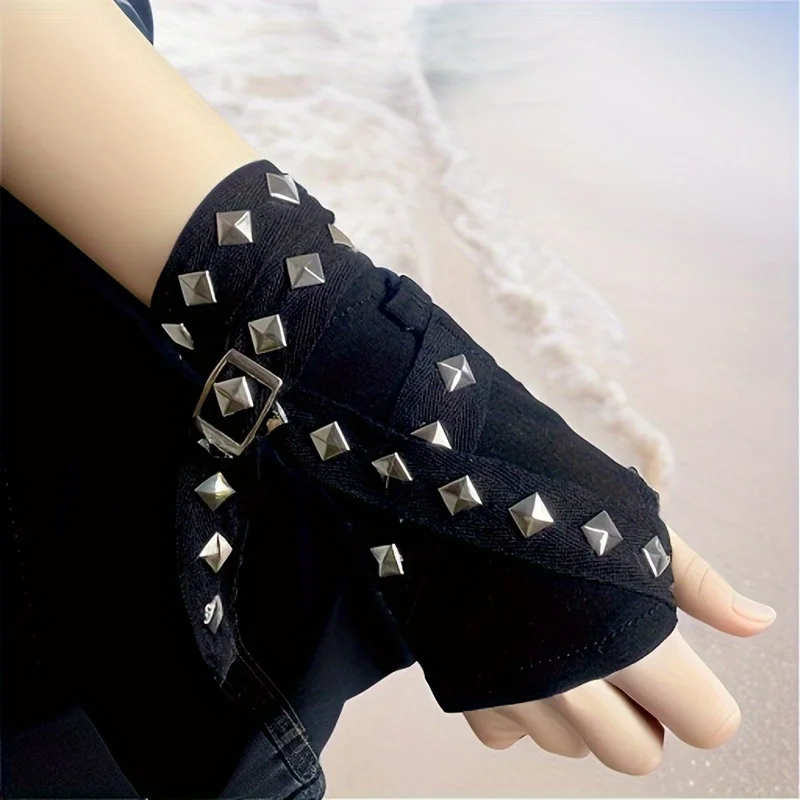 Gothic Punk Black Gloves For Women Cool Ninja Wrist Length Fingerless Glove Rivet Rope Cross Streetwear 2024