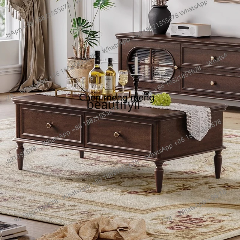 Coffee table American retro country home living room rectangular walnut solid wood four pumping long coffee table