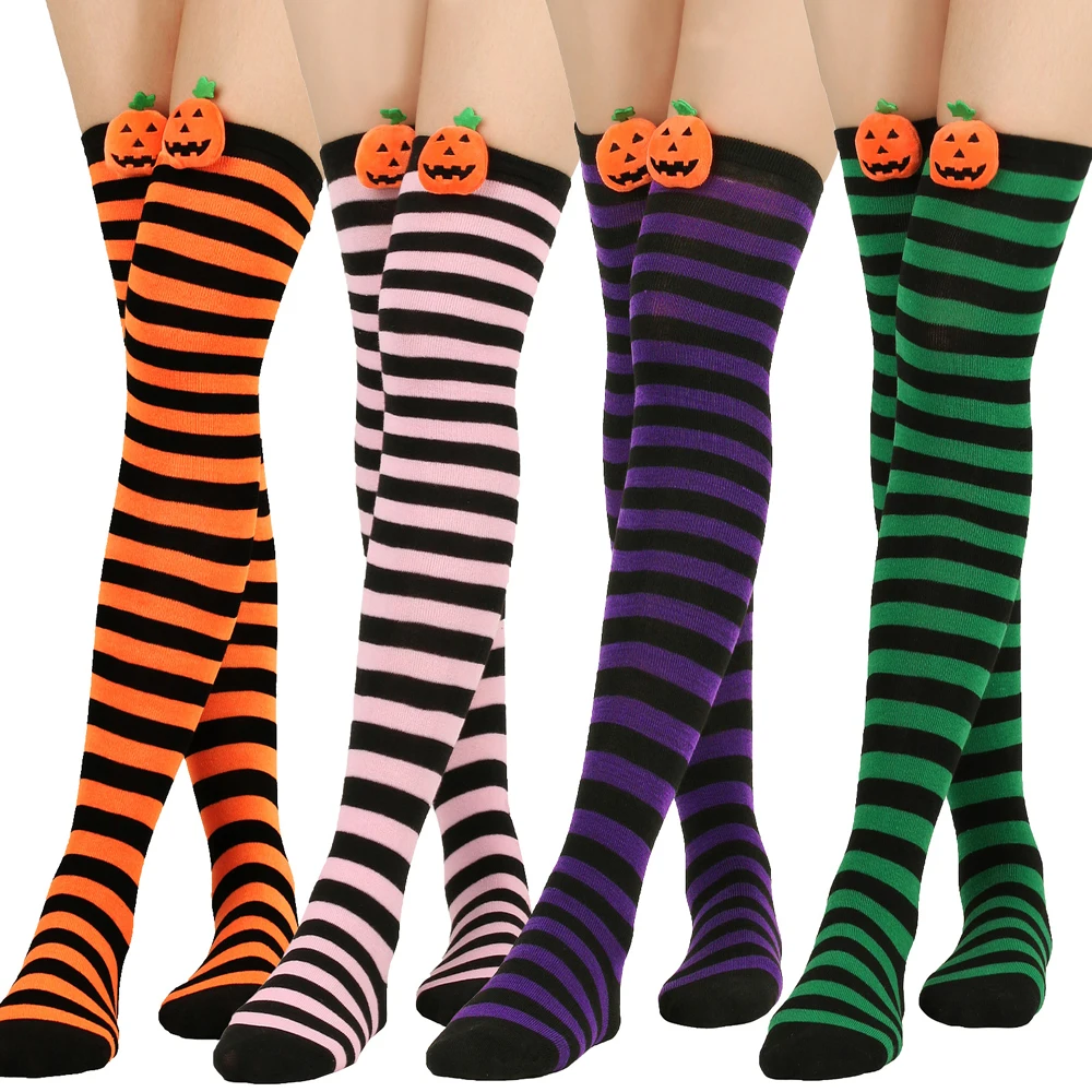 Halloween Party Stockings Pumpkin Over Knee High Socks Orange Black Striped Long Socks Multi-colors Warm Striped Socks Women