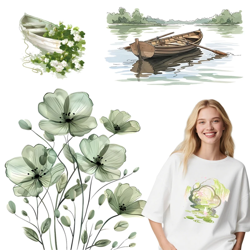 23CM dtf clothing iron-on lotus lake dandelion DIY T-shirt appliqué for men and women washable vinyl patch