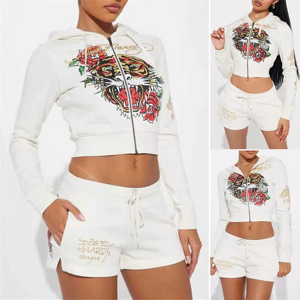 

Mia Muse Boutique Cartoon Tiger Print Long Sleeve Hooded Cardigan Elastic Waist Shorts Basics Sets 2025 Summer Sets Casual