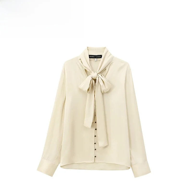 

ZAB Autumn New Women's Silk Satin Feel irt with Knot Design Street Sle Long Sve Polyester Fiber
