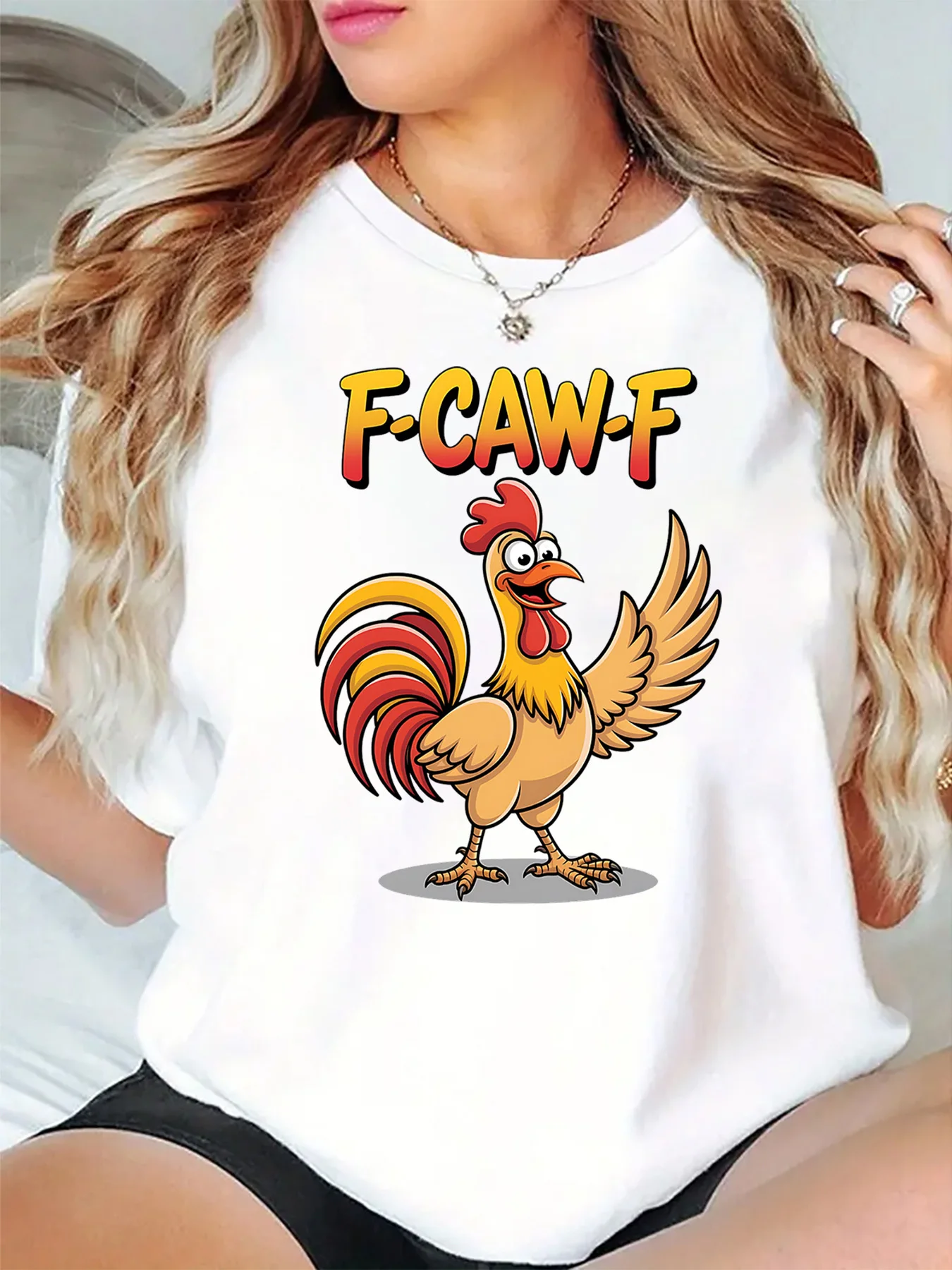 Fun Casual Womens T Shirt F Caw F Colorful Cheerful Rooster Funny Cartoon Animal Graphic O Neck Short Sleeve Daily Ladies Tops