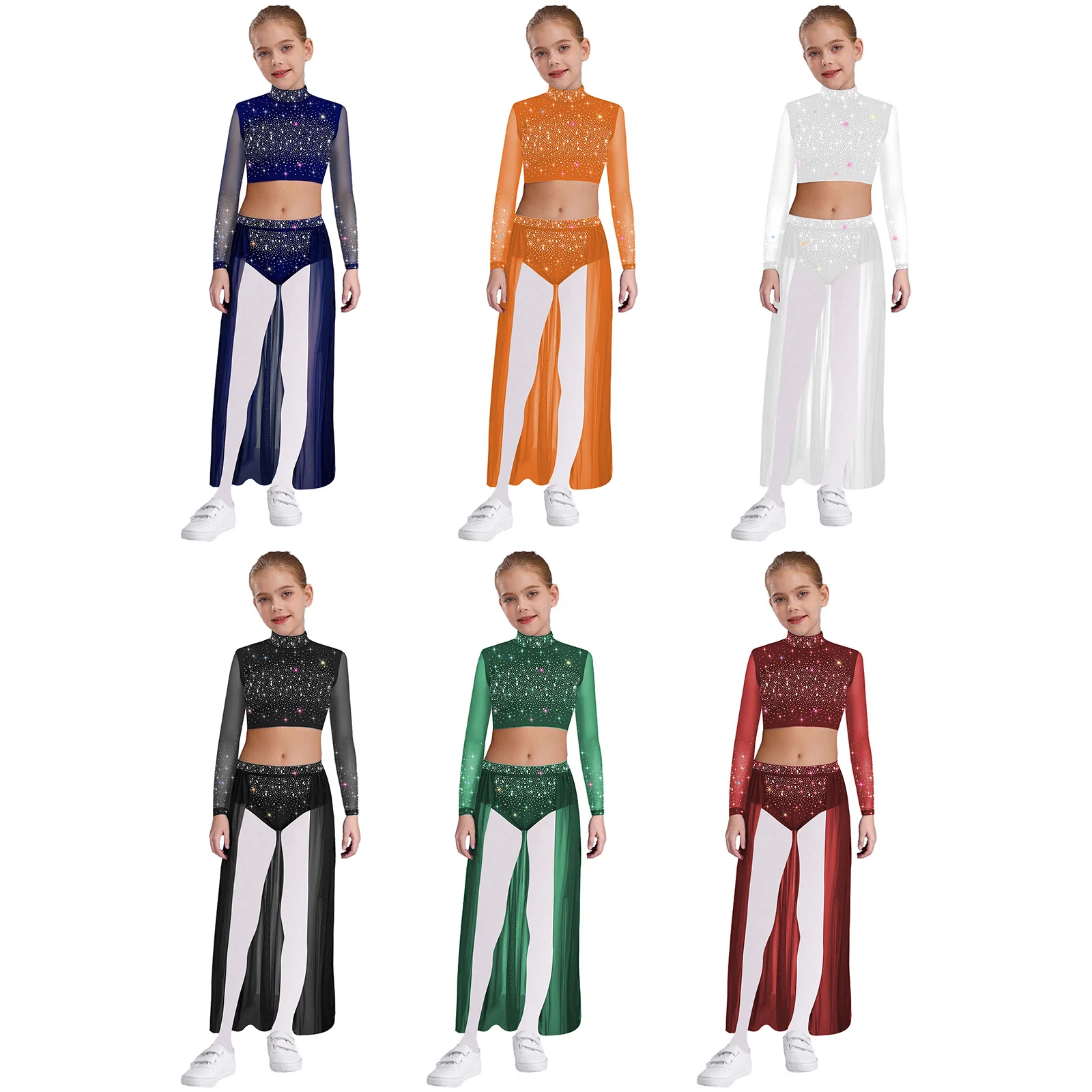 6-16Y الفتيات لامعة الراين الحديثة ملابس رقص غنائية المحاصيل الأعلى يوتار تنورة التزلج الجمباز البهلوانية ملابس الباليه #2