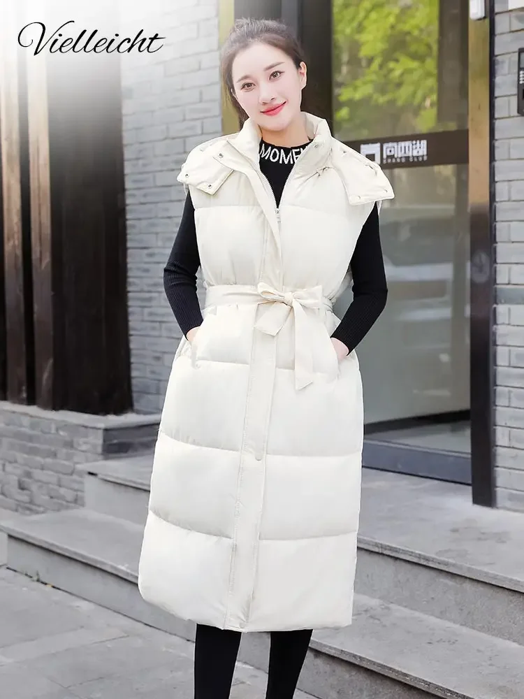 

Vielleicht New Long Winter Cotton Vest Jacket Women Warm Coat Hooded Zipper Sleeveless Overcoat Loose Bow Tie Sashes Waistcoat