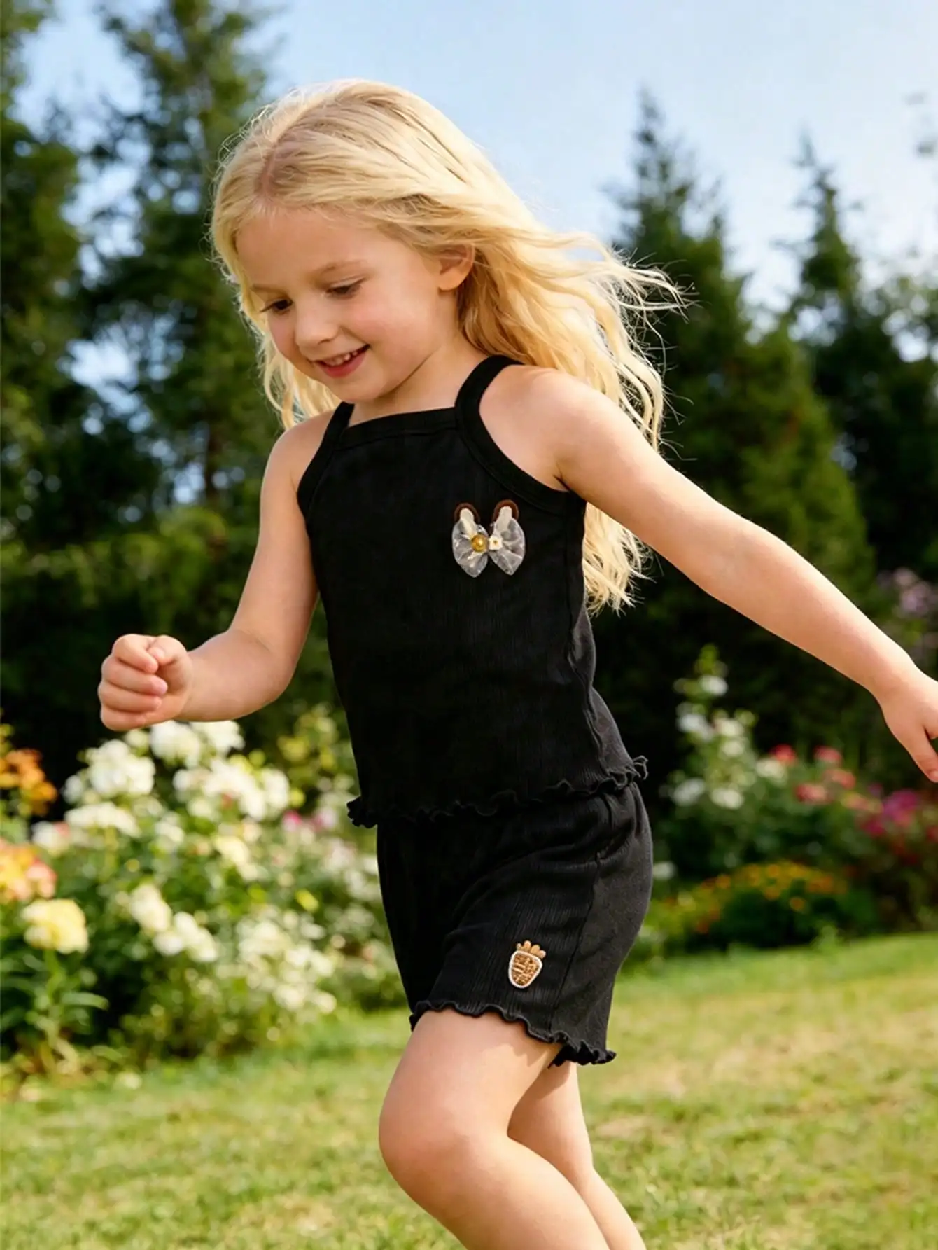 2-teiliges Set für Mädchen, geripptes Cami-Top + Shorts, süßes Häschen- und Karotten-Stickerei-Outfit, Polyester-Spandex, Sommer, lässige Kinderkleidung, 2–11 Jahre – Detail 5