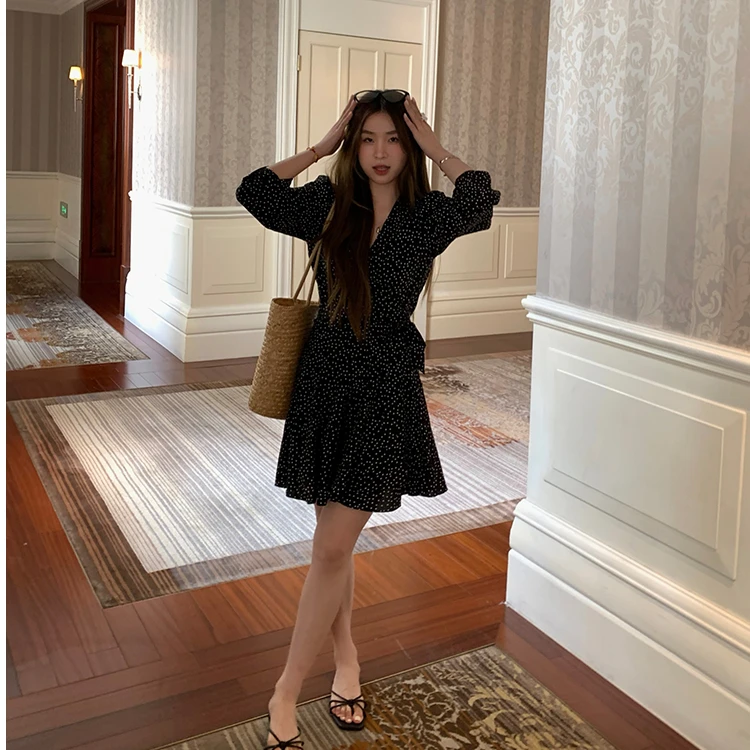 Polka Dot V Ne Long Sve feminino Dr primavera outono ort saia base em camadas cintura com cinto uma linha saia de fada