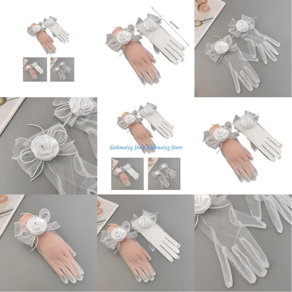 573B ファッションシアーフラワー & ちょう結び装飾手袋弾性ブライダルエチケットショートレース手袋夏シースルー白手袋