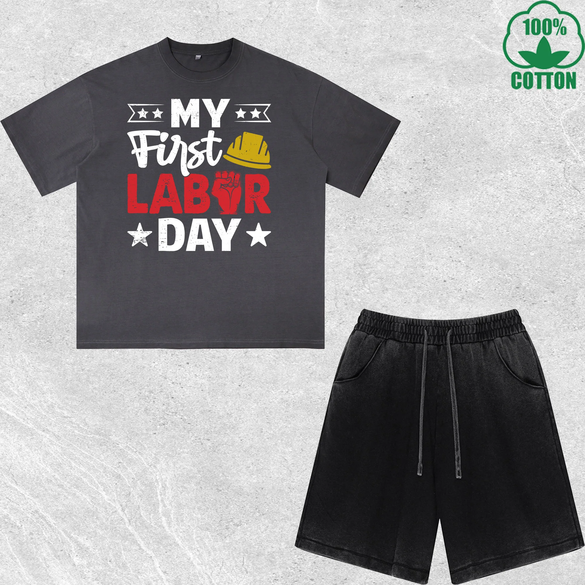 

My Labor Day Printed Dirty Wash 100%Cotton T-Shirt Shorts Set Multicolor Combo Loose Trendy Fashionable