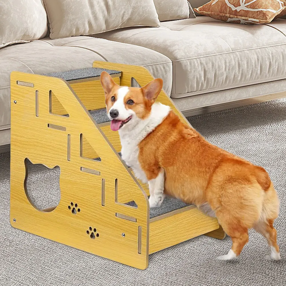 

4-Step Wooden Pet Stairs Nonslip Carpeted Dog Stairs Ramp Sofa Ladder Wooden Pet Ladder for Dogs and Cats for Bed